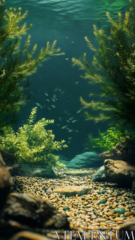 Submerged gravel corridor framed by dense freshwater foliage.