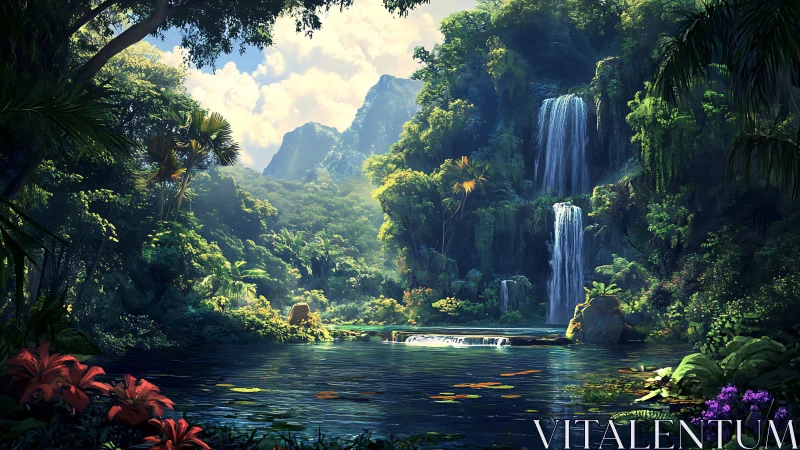 Lush jungle waterfall oasis bathed in soft golden light.