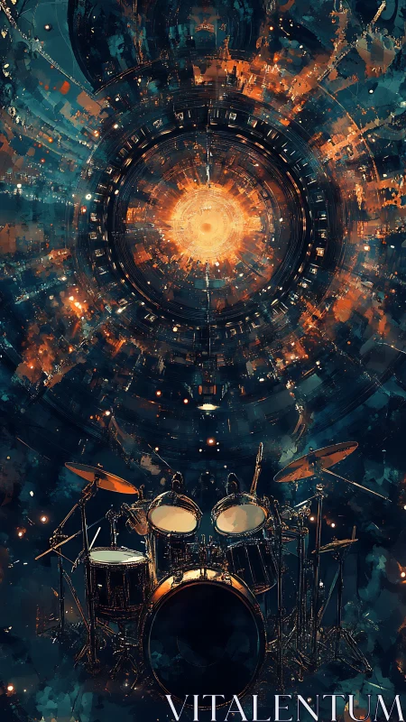 Cylindrical vortex portal radiates above illuminated acoustic drum kit