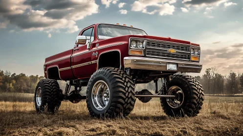 Lifted classic Chevy truck dominating autumn field at dusk.