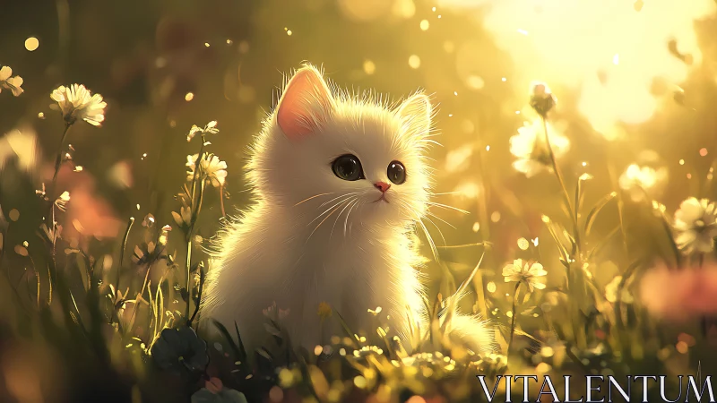 White Kitten in Golden Flowers Field