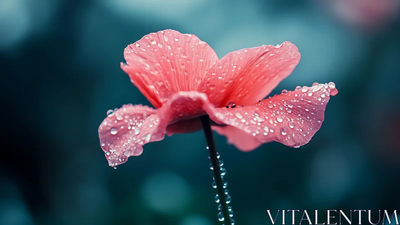 Pink flower macro with raindrops against teal bokeh.