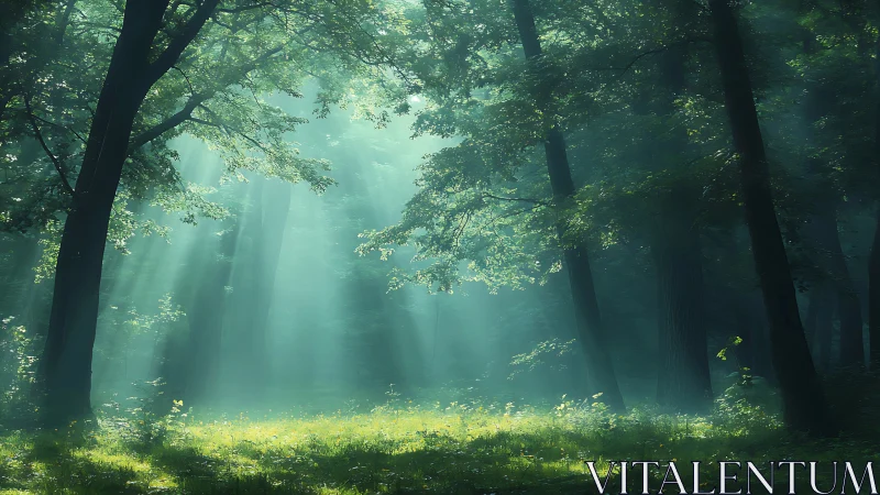 Enchanted Sunbeams in Lush Green Forest, Atmospheric Nature Scene.