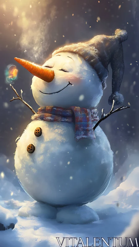Whimsical snowman portrait with carrot nose and glowing light