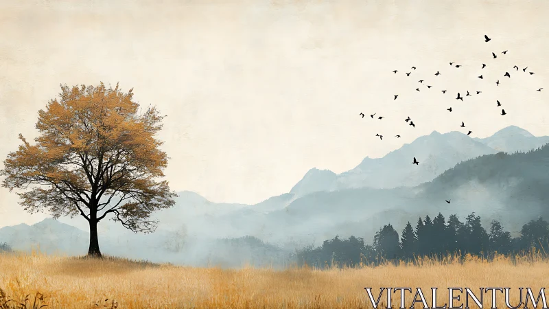 Solitary deciduous tree stands before layered misty mountains