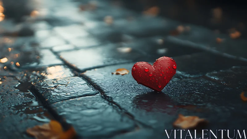 Red heart on wet asphalt with water droplets and fallen leaves.