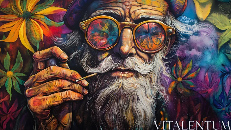 Psychedelic elder portrait with neon floral reflections.