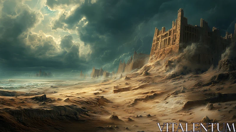 Storm-crowned desert citadel swallowing in golden sandstorm.