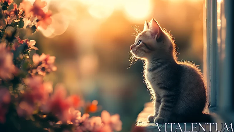 Young kitten sits beside flowering plant in golden sunset light
