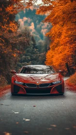 Photorealistic red sports coupe on autumn forest roadway frontview.