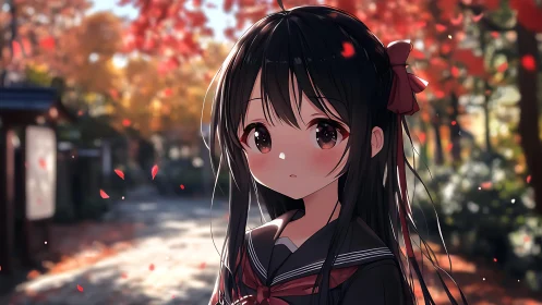 Autumn lane daydream with soft-eyed schoolgirl in scarlet hush.