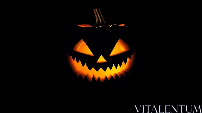 Glowing jack-o’-lantern grins sharply in deep Halloween darkness
