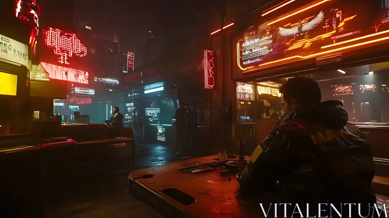Cyberpunk loner sits in neon bar under holographic ads.