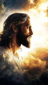 Sunlit profile of serene bearded figure above radiant clouds.