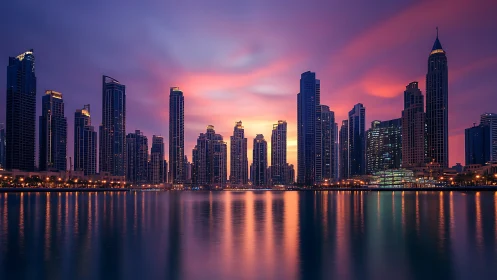 Colorful waterfront skyline reflects in calm urban harbor