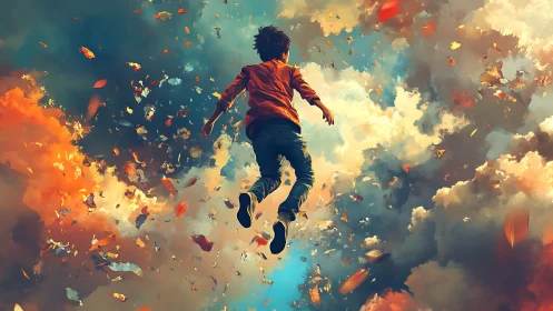 Youth ascending through luminous clouds and swirling embers.