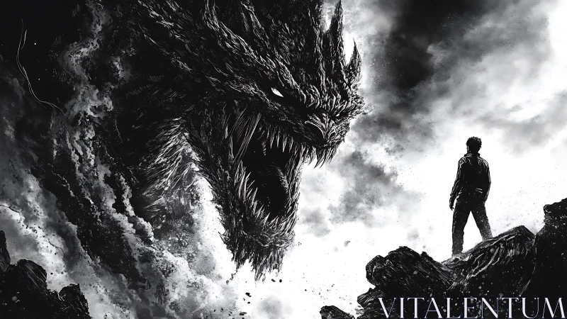 Stormy cliffs welcome a lone hero facing a roaring dragon