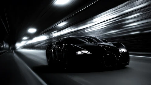Black supercar racing through tunnel at night at speed.