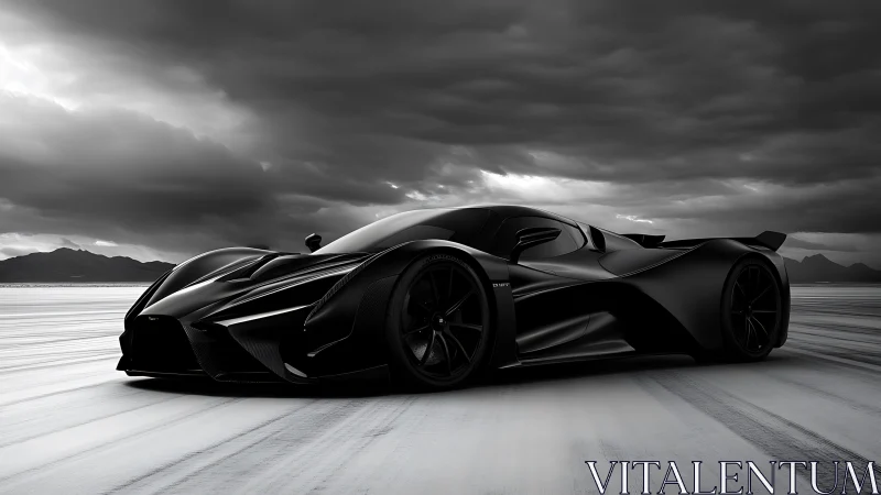 Sleek black hypercar on barren salt flat under clouds.