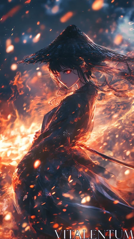 Fiery cloaked swordswoman stands amid drifting embers