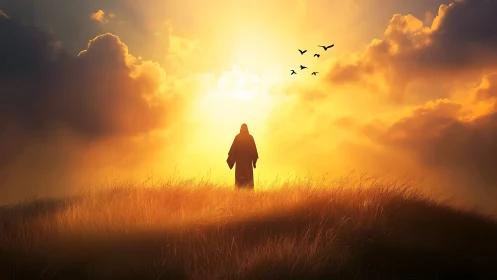 Silhouetted robed figure in glowing golden sunset field.