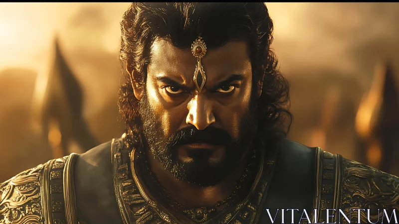 Warrior in ornate armor under warm cinematic lighting.