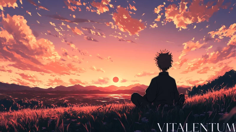 Anime sunset landscape with contemplative figure in silhouette.