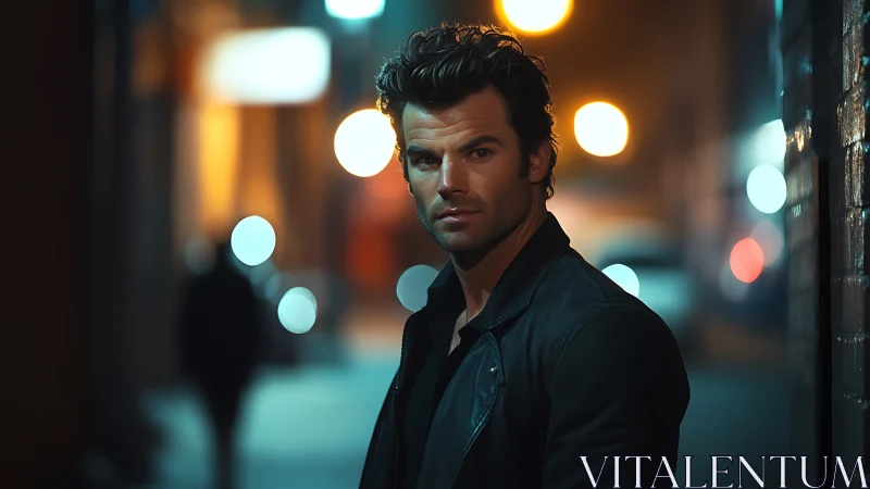 Brooding man leans in neon city alley under soft bokeh lights