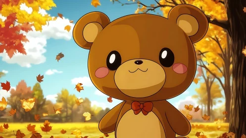 Cartoon bear character in autumn park landscape scene.