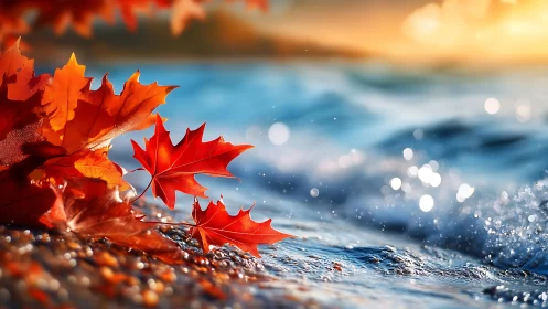 Red maple leaves rest on bright shoreline at sunset