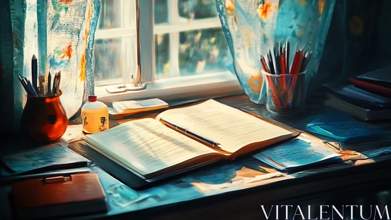 Sunlit writing desk invites quiet moments of study and note