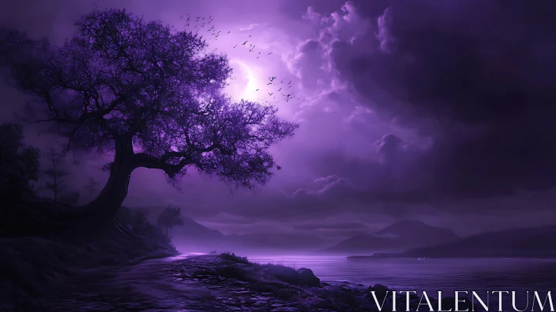 Monochromatic violet lakeside landscape with silhouetted bent tree