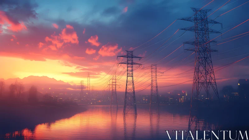 Digital painting of sunset powerlines over reflective river basin.