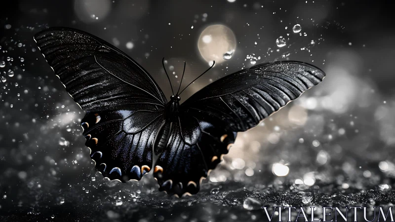 Black butterfly with wet wings in dramatic bokeh light.