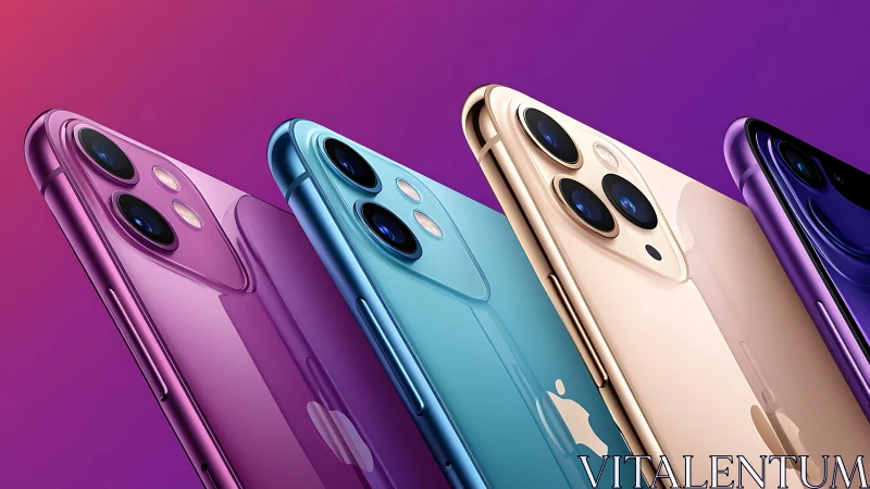 Colorful gradient smartphones aligned in angled product row.