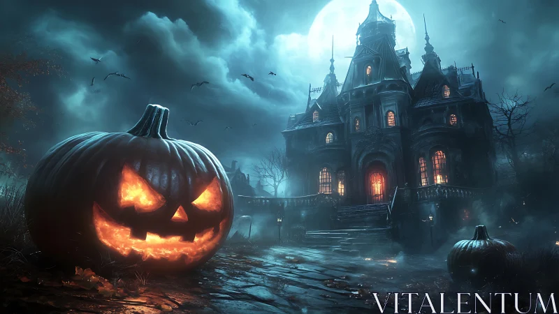 Large carved pumpkin stands before illuminated gothic mansion