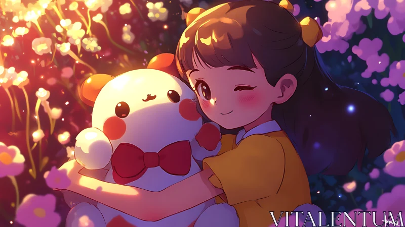 Warm anime girl hugging plush toy in glowing flowers.