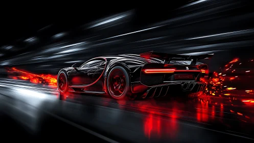 Midnight hypercar ignites neon speed trails in liquid light.