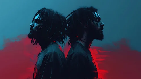 Twin shadows lean back-to-back in electric red-blue haze