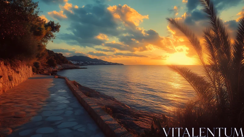 Coastal walkway at vivid sunset over calm sea horizon.