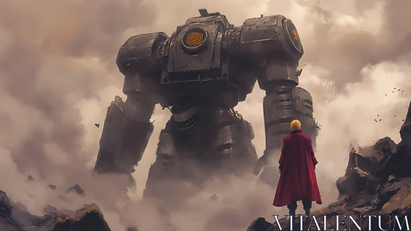 Lone figure observing massive combat mech in foggy ruins.