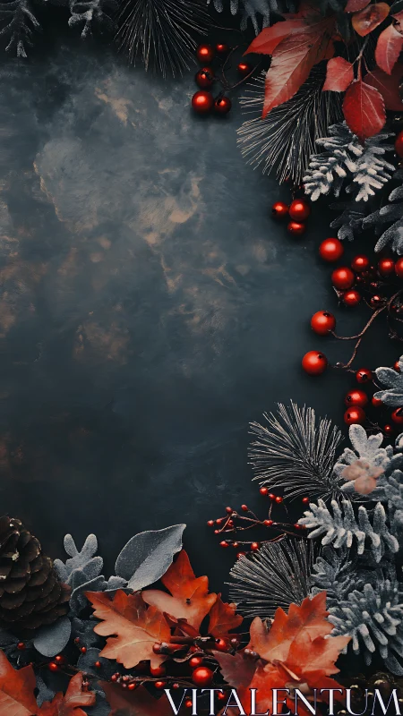 Festive winter foliage frames dark textured slate background
