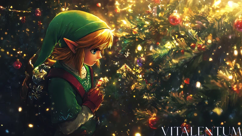 Elven advent hero in luminous holiday bokeh field.