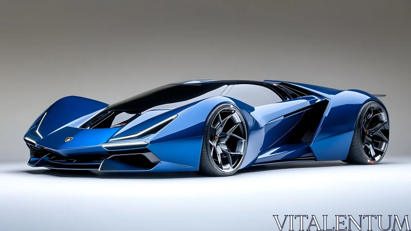 Blue low-profile futuristic sports car on neutral background.