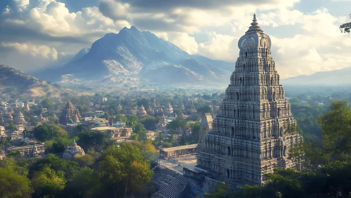 Stepped stone temple complex before distant mountain range.