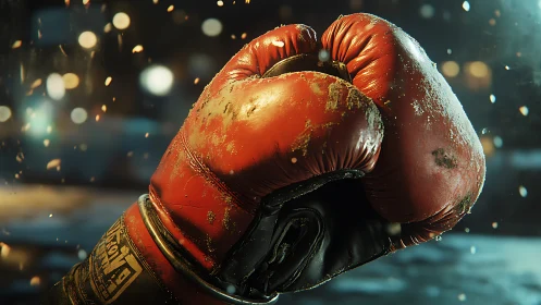 Red Boxing Gloves with Weathered Surface and Atmospheric Background