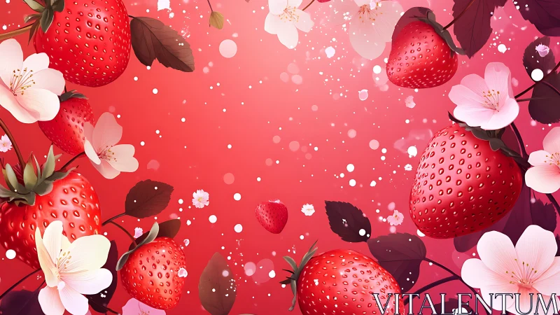 Digitally rendered strawberries and blossoms form radial border field