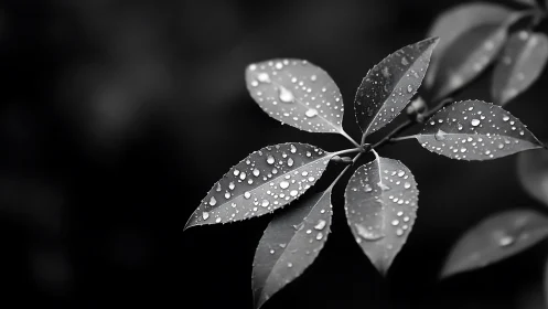 Raindrops cling to monochrome leaves in tranquil focus