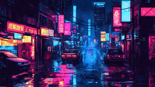 Cyberpunk neon streetscape with reflective rainy perspective.