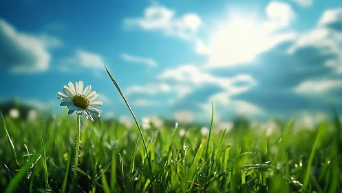 Single daisy in sunlit meadow under radiant spring sky.